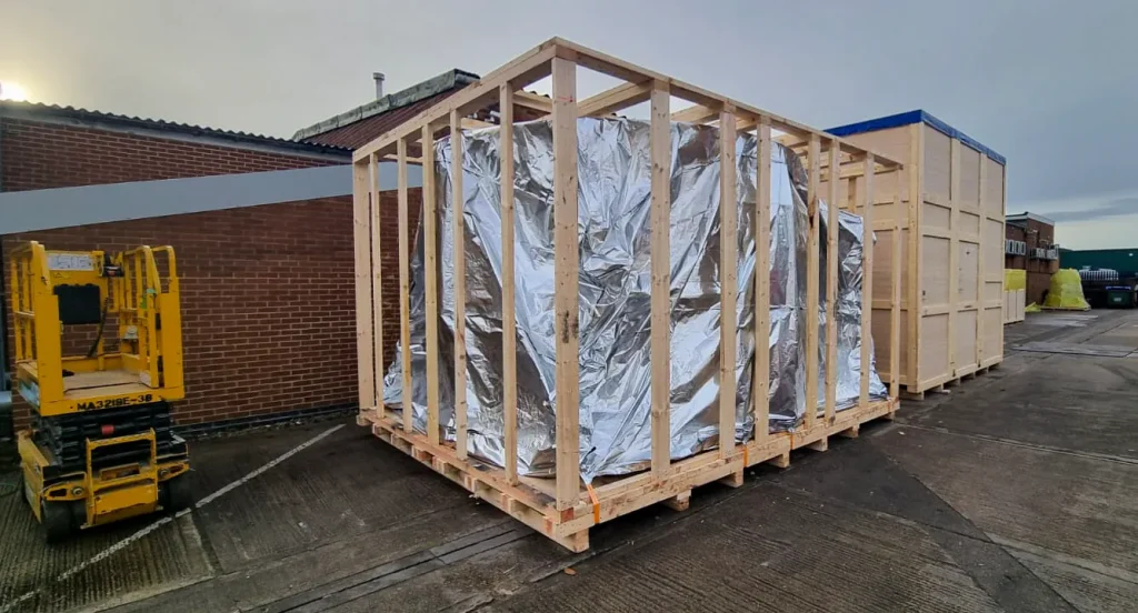 Wind tunnel equipment packed in a large bespoke timber export case