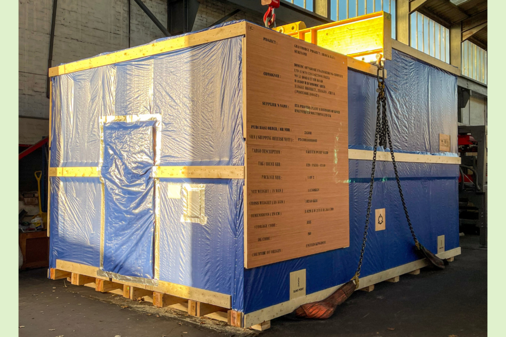 Large timber case with custom stencilling prepared for export.